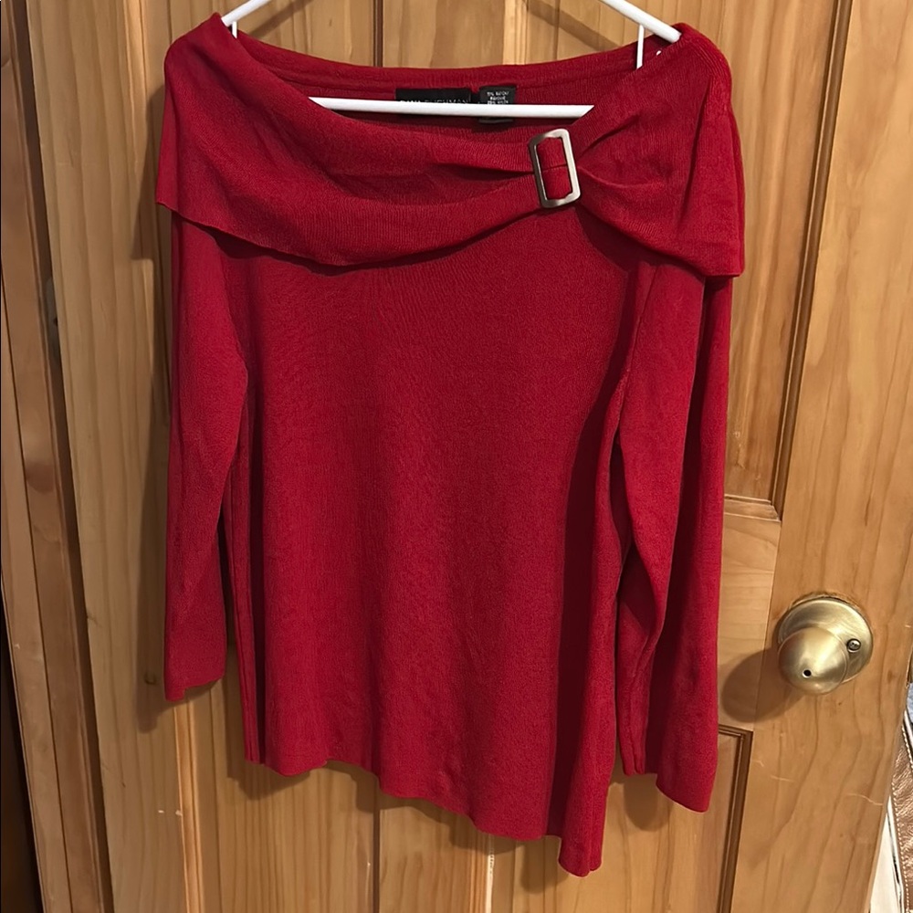 Red Off-the-Shoulder Sweater with Elegant Folded Neckline